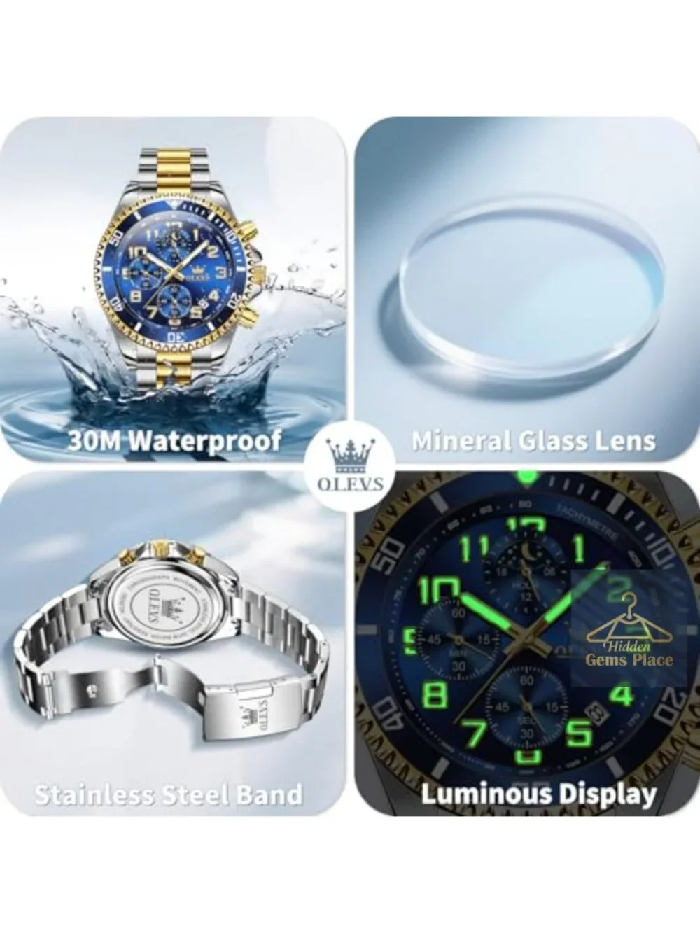 Men's Stainless Steel Dress Watch with Date Quartz Movement Blue Dial